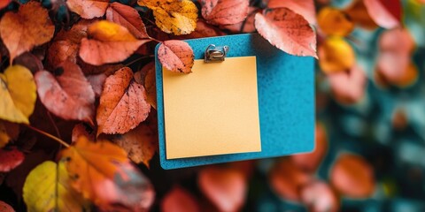 Leinwandbilder - Empty note on a bulletin board. Autumn backdrop with leaves.
