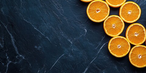 Poster - Sliced oranges on a black background. Fresh fruit. Copyspace.