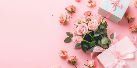 Leinwandbilder - Gift bag featuring a bouquet of pink roses and a gift box on a pastel pink background, with space for text. Flat lay, top view, suitable for birthdays, Mother's Day, or St. Valentine's.