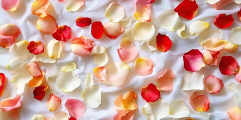 Poster - Beautiful romantic rose petals scattered on a white sheet create a simple yet striking and colorful backdrop for adding copy.