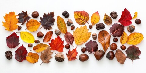 Poster - Autumn leaves, chestnuts, and acorns on a white background.