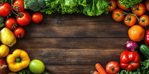 Poster - Healthy food. Fruits and vegetables. Organic vegetables on wood. Top view. Copyspace.