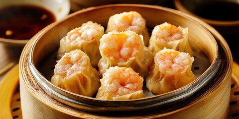 Poster - Chinese cuisine, shrimp Shumai dumplings in a steamer.
