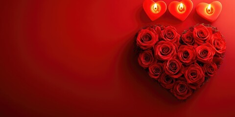 Aufkleber - Valentine's Day red backdrop featuring a heart made of rose flowers and two heart-shaped candles. Copyspace holiday background.