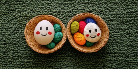 Poster - Two chicken eggs with painted faces rest on a carpet resembling green grass. In between them sits a wicker dish filled with multicolored knitted eggs.