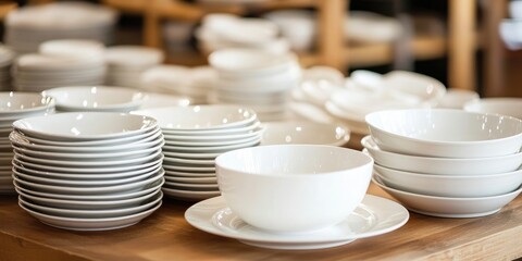 Aufkleber - Empty bowls and plates on the table, dishware and table items.