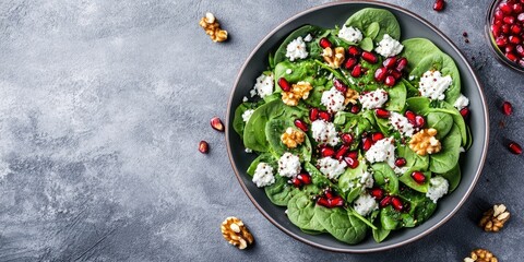 Canvas Print - Fresh, nutritious vegetarian salad featuring spinach, pomegranate seeds, walnuts, saffron, pepper, and ricotta on a gray background. Selective focus. Top view. Copyspace for text.