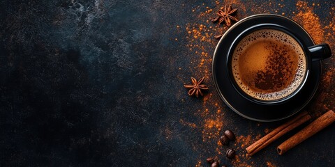 Aufkleber - Black coffee with cinnamon on a dark background. copy space for your text