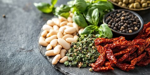 Poster - Collection of raw ingredients for Italian cuisine on a stone table backdrop. Black pepper, sun-dried tomatoes, green dried herbs, and beans. Assortment of healthy food items. Closeup.