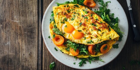 Poster - Fruit omelet. A veggie-filled omelet with fresh apricots served on a white plate against a rustic wooden background, featuring copy space for text. A healthy egg breakfast recipe.
