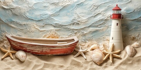 Poster - Vacation and summer theme featuring a vintage boat, starfish, lighthouse, and seashells on beach sand.