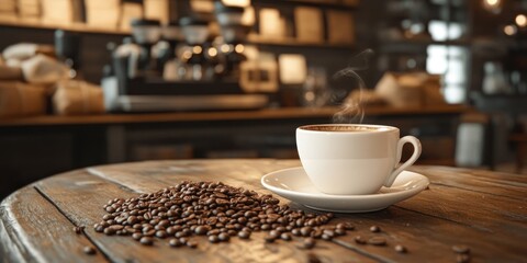 Poster - Coffee cup and coffee beans on a wooden table in a cafe.