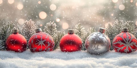 Poster - Christmas card featuring lovely red and silver decorations set against a snowy backdrop.
