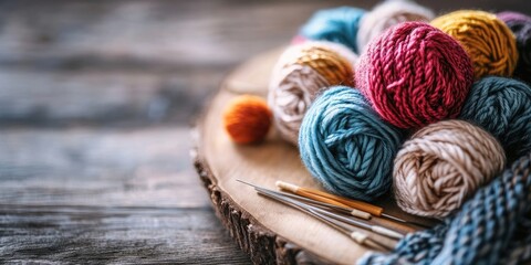 Poster - Wooden board featuring knitting yarn and needles on a light backdrop.