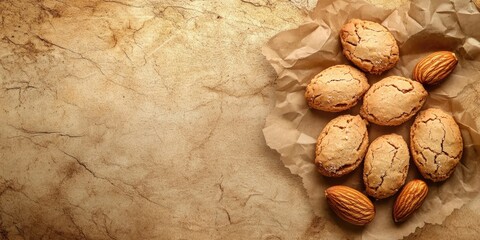Poster - Textured vintage paper background featuring traditional Canarian almond biscuits.