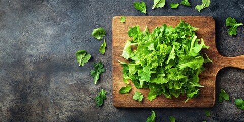 Poster - Fresh raw green lamb's lettuce and corn salad leaves on a wooden cutting board. Wooden background. Top view. Copyspace.