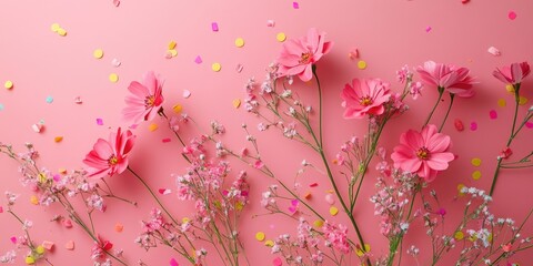 Poster - Pink spring flowers on a pink background with vibrant confetti.