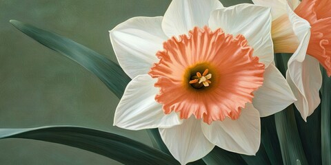 Aufkleber - Close-up of a daffodil with ivory white petals and a salmon cup. Accent represented a significant advancement in pink-cupped daffodils when it was launched more than 50 years ago.