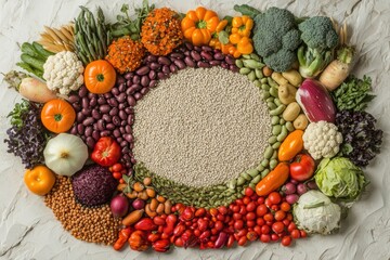 Poster - A vibrant display of fresh vegetables, grains, and legumes arranged artfully on a textured surface, showcasing healthy food choices. Generative AI