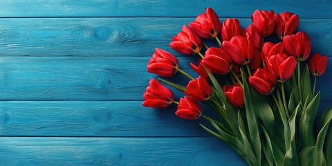 Aufkleber - A bouquet of spring red tulips is displayed against a wooden blue background. Horizontal frame, top view.