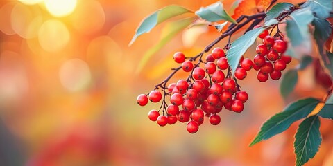 Sticker - Autumn rowan berries on a branch. Rowan berries are tart but high in vitamin C. Close-up of red berries and leaves on the branch. Blurred background with selective focus.