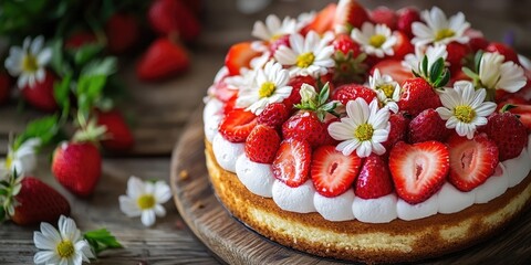 Poster - Summer cake topped with strawberries and white flowers on a wooden table background, copy space.