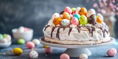 Poster - Pavlova cake adorned with colorful chocolate Easter egg candies. Selective focus Copy space