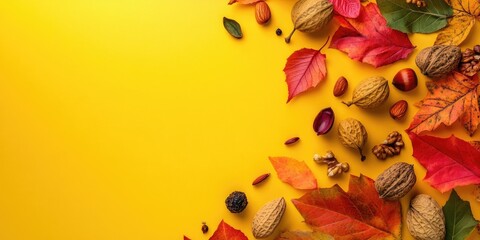 Aufkleber - A collection of vibrant leaves, pods, food, and nuts on a yellow background, still life copyspace, top view autumn arrangement, space for text.