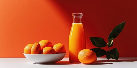 Aufkleber - Fresh orange juice in a glass bottle next to ripe oranges in a bowl on a white surface against an orange background.