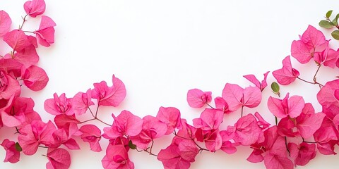 Leinwandbilder - Bougainvillea pink flowers set against a white background, creating a border design. A lovely spring nature backdrop featuring vibrant fresh Mediterranean Bougainvillea with copy space. Top view.