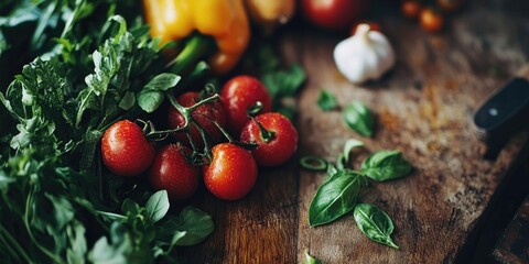 Poster - Healthy eating, vegetarian cuisine, advertising, and culinary ideas - a close-up of fresh vegetables on a wooden table.