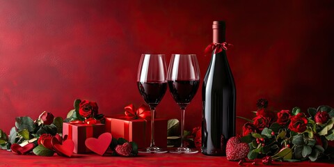 Aufkleber - Arrangement featuring a bottle of wine, glasses, and a gift for Valentine's Day on a red backdrop.