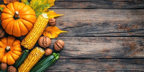 Poster - Autumn background. Arrangement of pumpkin, zucchini, and corn on a yellow and green leaf, accompanied by chestnuts and walnuts on aged wooden boards. Copyspace for text.