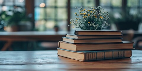Aufkleber - A pile of books on a wooden table with a blurred background.