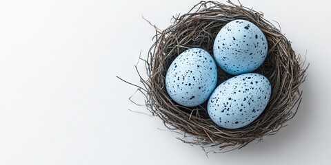 Poster - Blue speckled Easter egg and nest on a white background. Easter holiday. Flat lay. Top view.