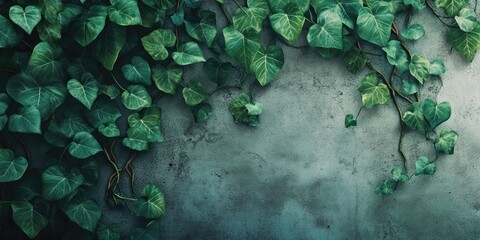 Poster - Green leaf wall texture, natural green leaves and roots covering a concrete wall background with a vintage effect, copy space, eco-friendly concept.