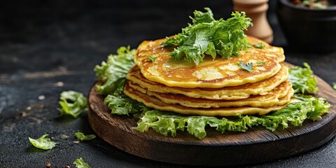 Aufkleber - Breakfast choice. American pancakes served with lettuce leaves. Rustic style. Dark backdrop. Copy space. Selective focus. The idea of a healthy diet or nutritional eating.