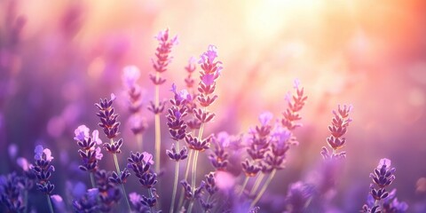 Aufkleber - Provence nature backdrop. Lavender field illuminated by sunlight with copy space. Close-up of blooming violet lavender flowers. Summer theme, selective focus.