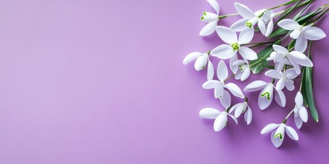 Aufkleber - Lovely bouquet of snowdrops on a lilac background, viewed from above. Copyspace available for text.