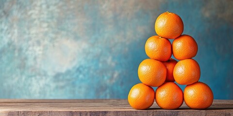 Poster - A stack of ripe tangerines on a wooden surface with copy space.