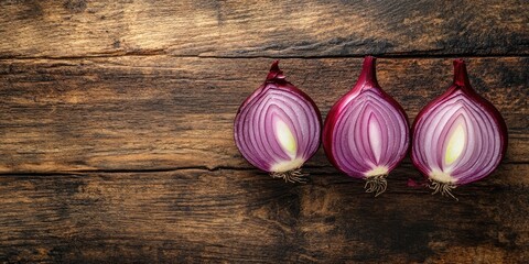 Poster - Red onions sliced in half on a wooden table, copyspace, horizontal