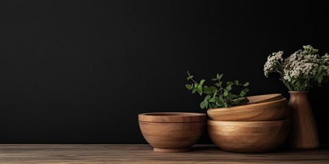 Poster - Wooden kitchen items positioned at the table's edge with a black background.