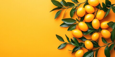 Poster - Fresh ripe kumquats with green leaves on an orange background, top view. Copyspace available.