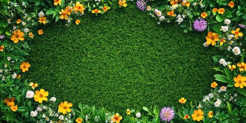 Fototapete - Spring flower border background, top view, grass copyspace.