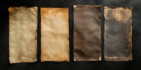 Poster - A collection of four intriguing textures of old, stained, yellowed, and darkened paper against a black background. Distinctive vintage texture of paper that has aged between 50 to 70 years.