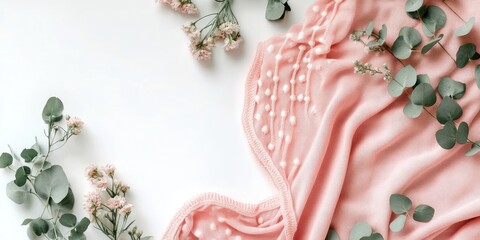 Aufkleber - Creative wedding frame composition mockup featuring a pink blanket, flowers, eucalyptus branches, and copy space on a white background. Flat lay, top view stylish art concept.