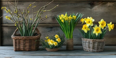 Aufkleber - Easter arrangement featuring willow and daffodil on a wooden table.