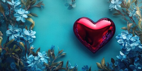 Aufkleber - Red shiny heart on a blue-green background as decoration, wedding, Valentine's Day, alongside decorative blue flowers, copyspace.