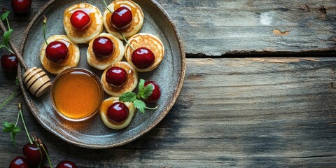 Aufkleber - Tiny pancakes are a trendy food. Mini pancakes topped with cherries and honey on a rustic wooden table. Copy space.