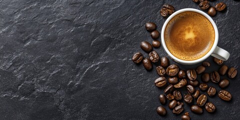 Leinwandbilder - Top view of a coffee cup and coffee beans on a black table background, enjoying coffee time with copy space.